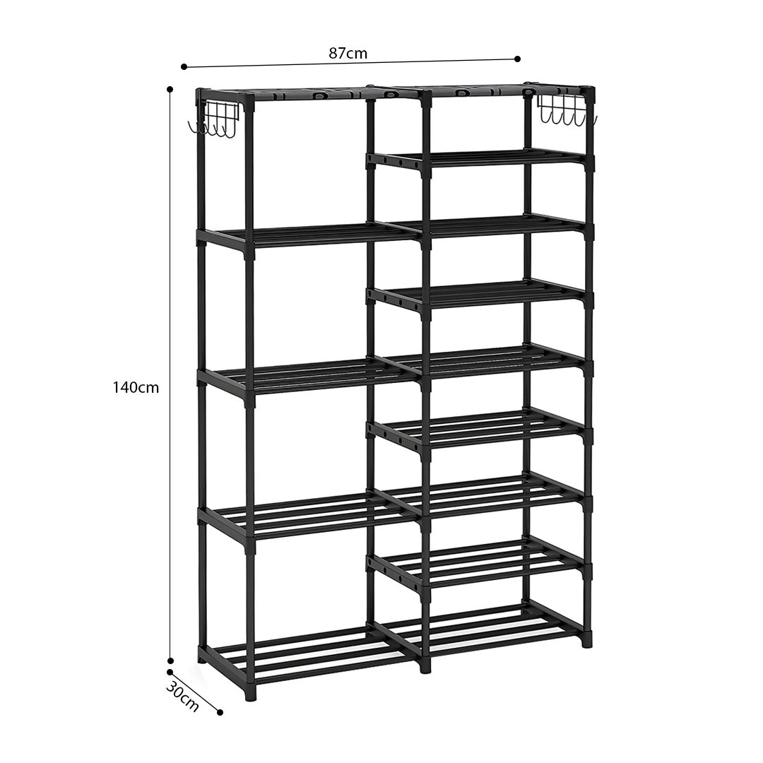 16-Shelf Tier Shoe Storage with Side Hooks Black