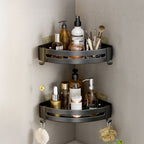 Black Wall-Mounted Triangular Bathroom Storage Rack with Hooks