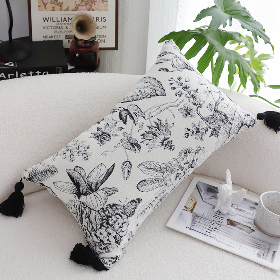 SOGA 35cm Throw Pillow  Black and White Floral Print Elegant with Tassel