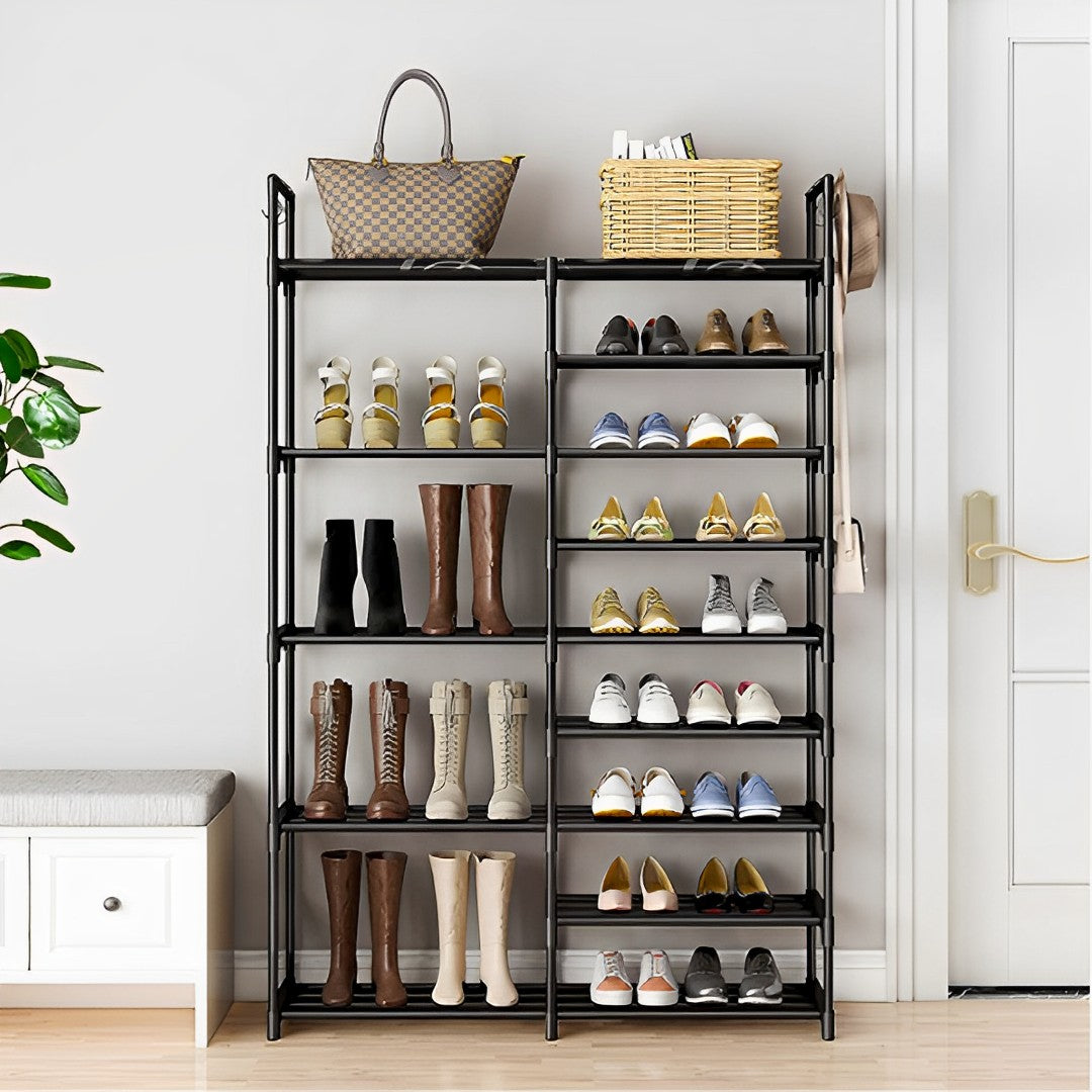 12-Shelf Tier Shoe Storage with Side Hooks Black