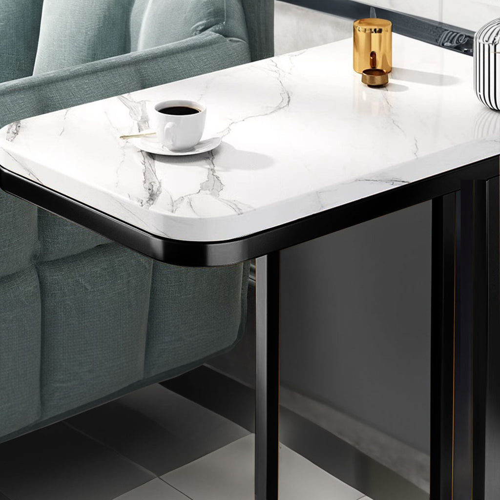30x50x58cm White Ceramic Sofa Side Square Mini Table w/ Black Metal Legs