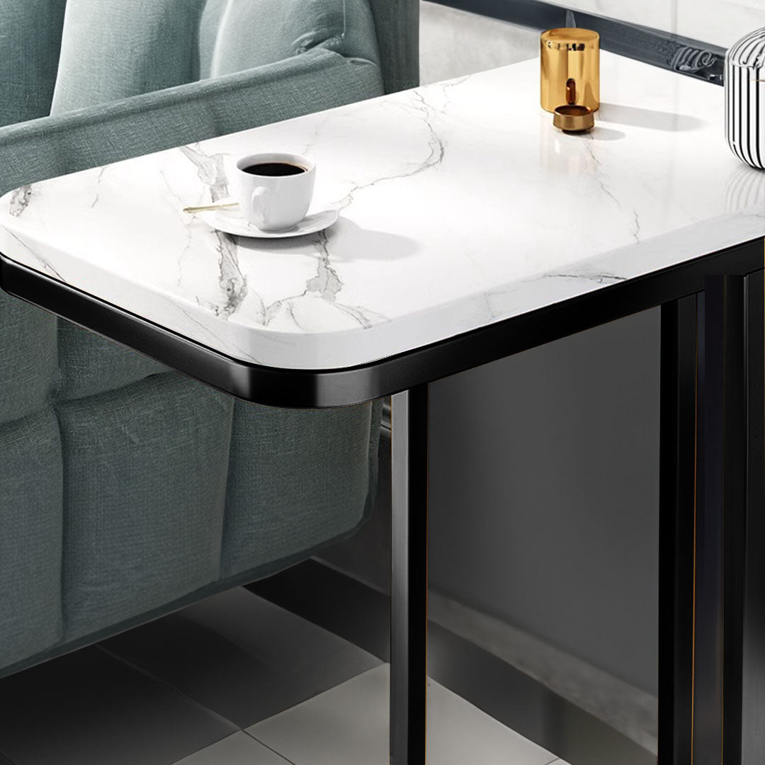 30x50x58cm White Ceramic Sofa Side Square Mini Table w/ Black Metal Legs