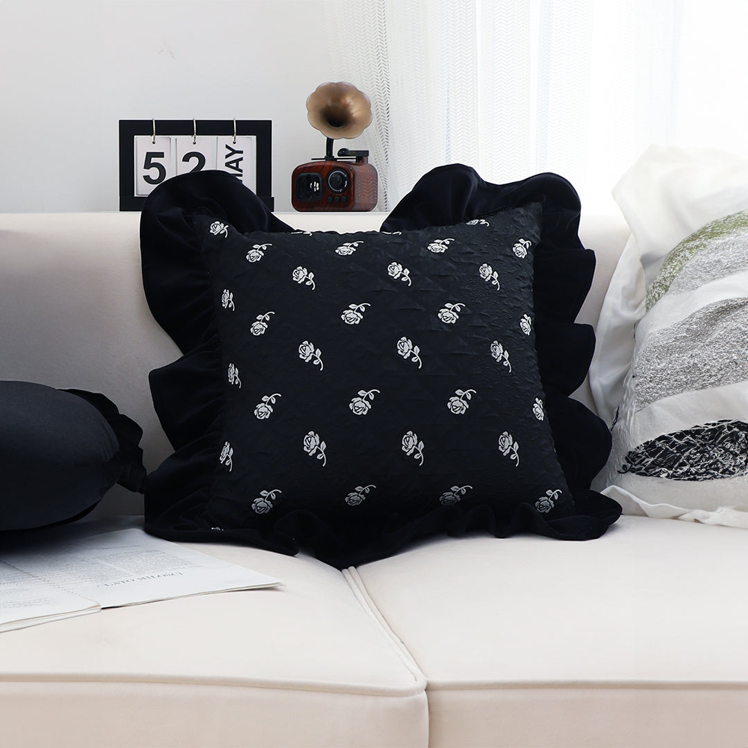45cm Throw Pillow Black Ruffled Square