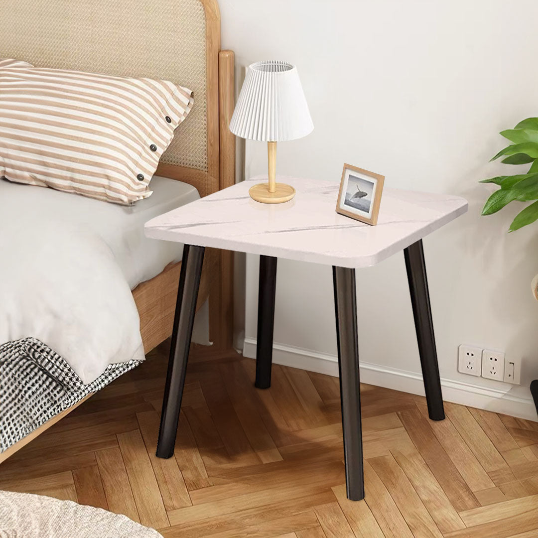 40cm White Ceramic Table Stone Pattern Black Metal Legs