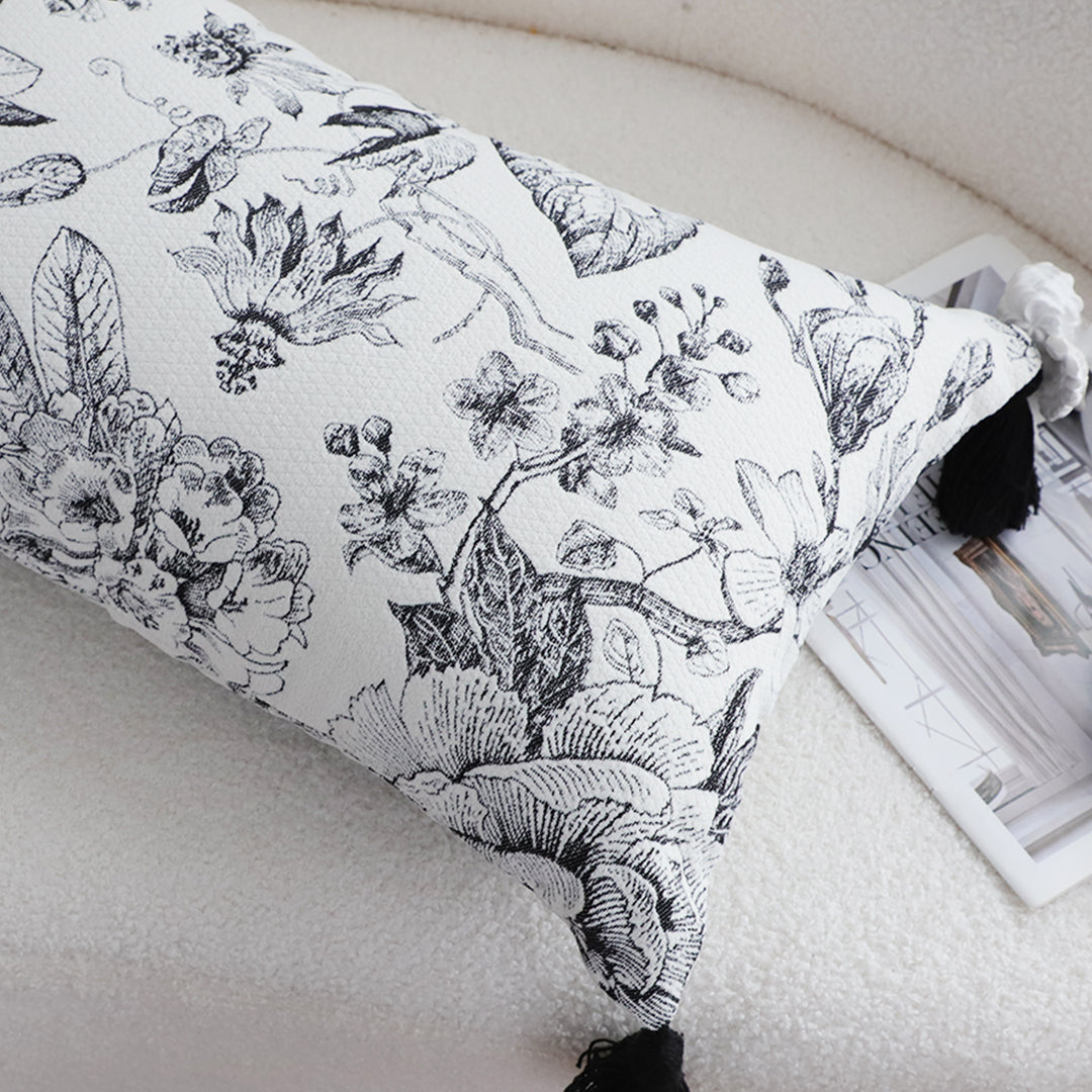 SOGA 35cm Throw Pillow  Black and White Floral Print Elegant with Tassel