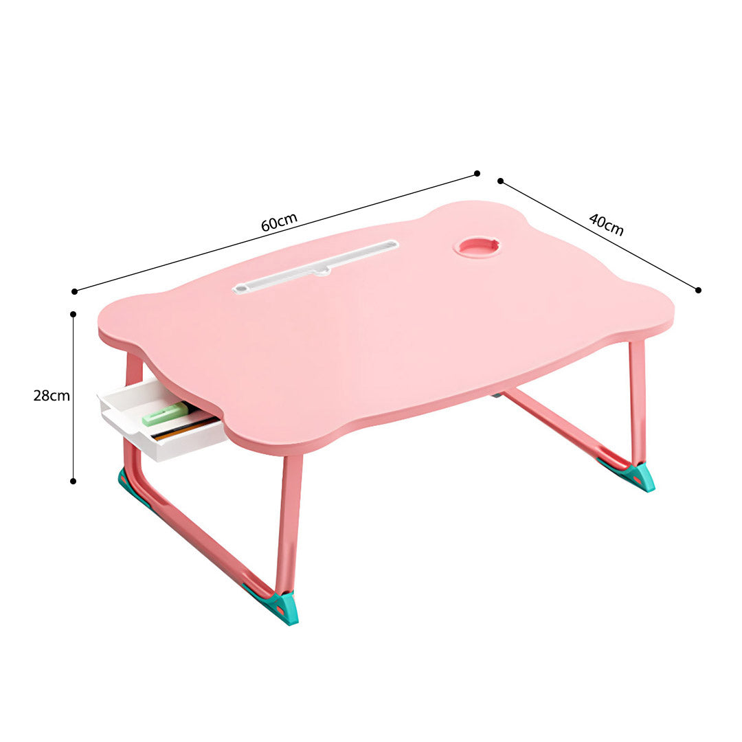 Pink Portable Bed Table With Mini Drawer and Cup-Holder