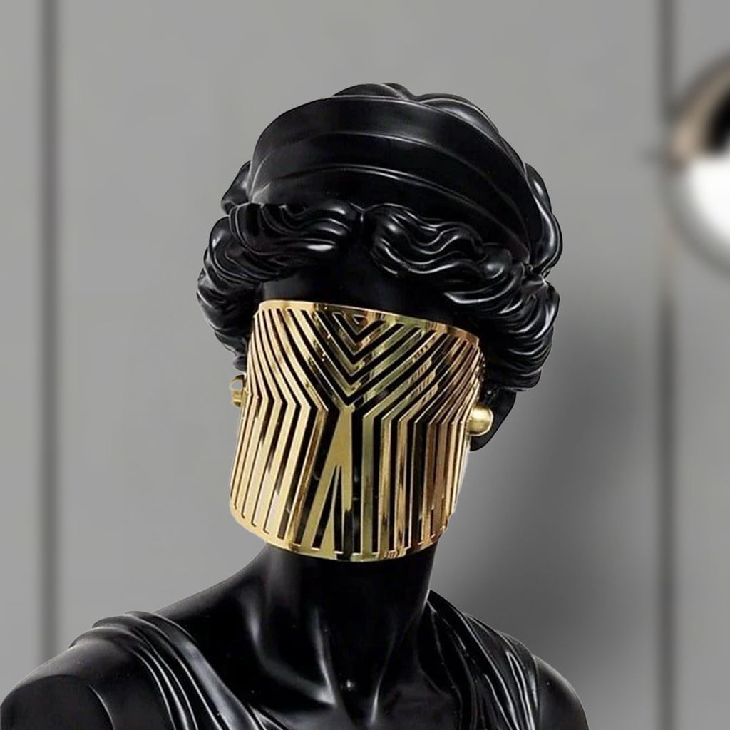 SOGA 45cm Black Resin Bust – Gold Striped Mask Home Sculpture