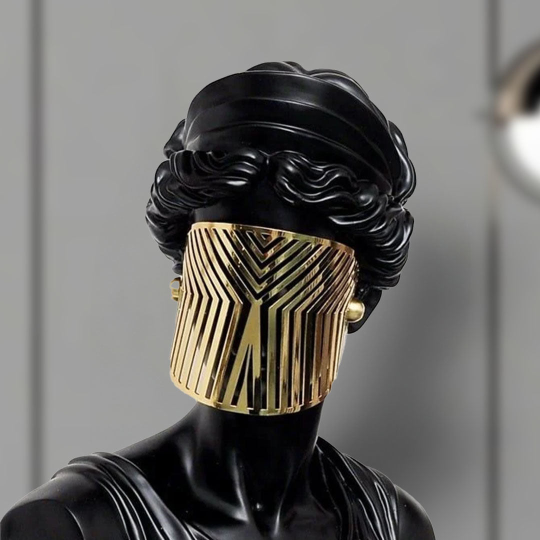 SOGA 45cm Black Resin Bust – Gold Striped Mask Home Sculpture