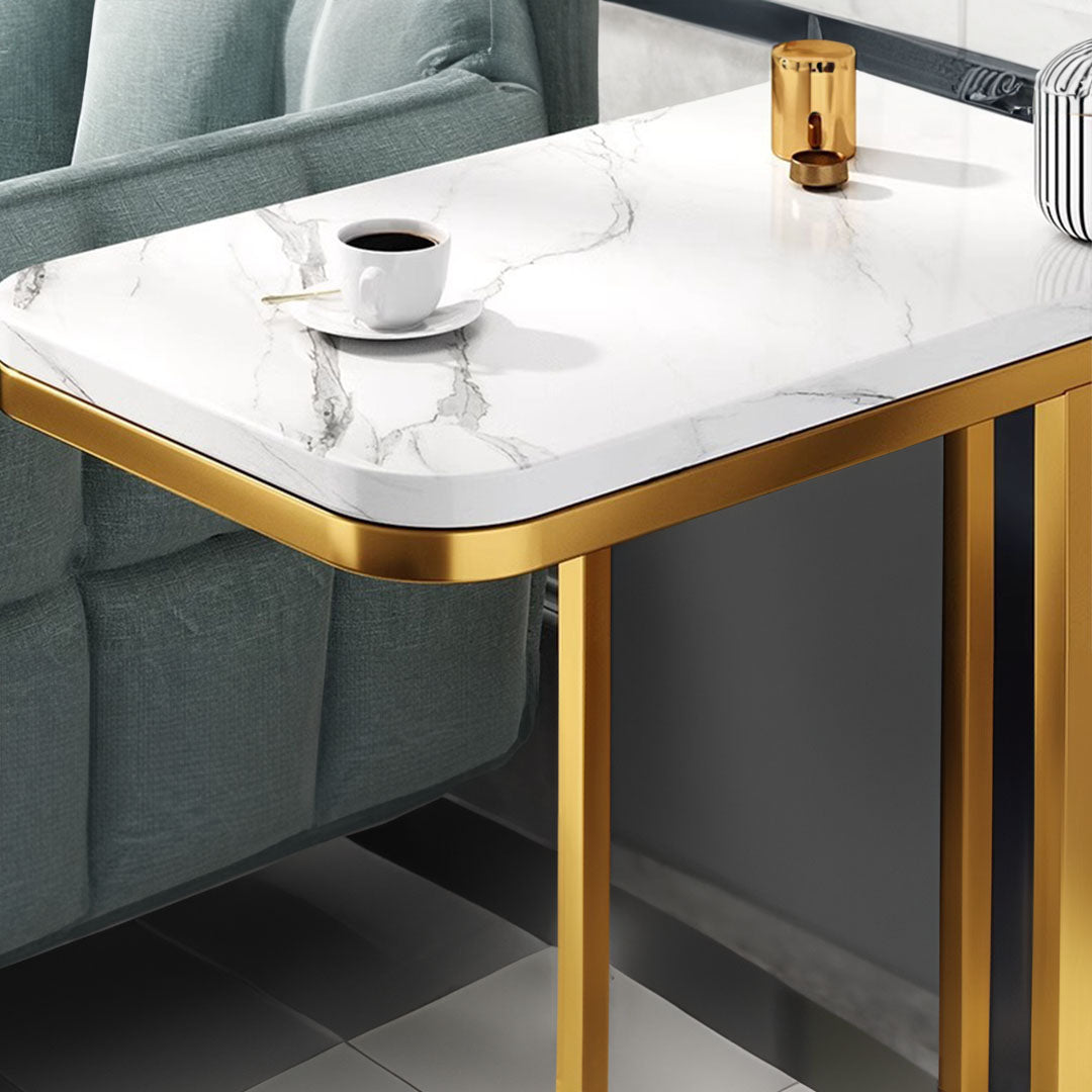 30x50cm White Ceramic Sofa Side Square Mini Table w/ Gold Metal Legs
