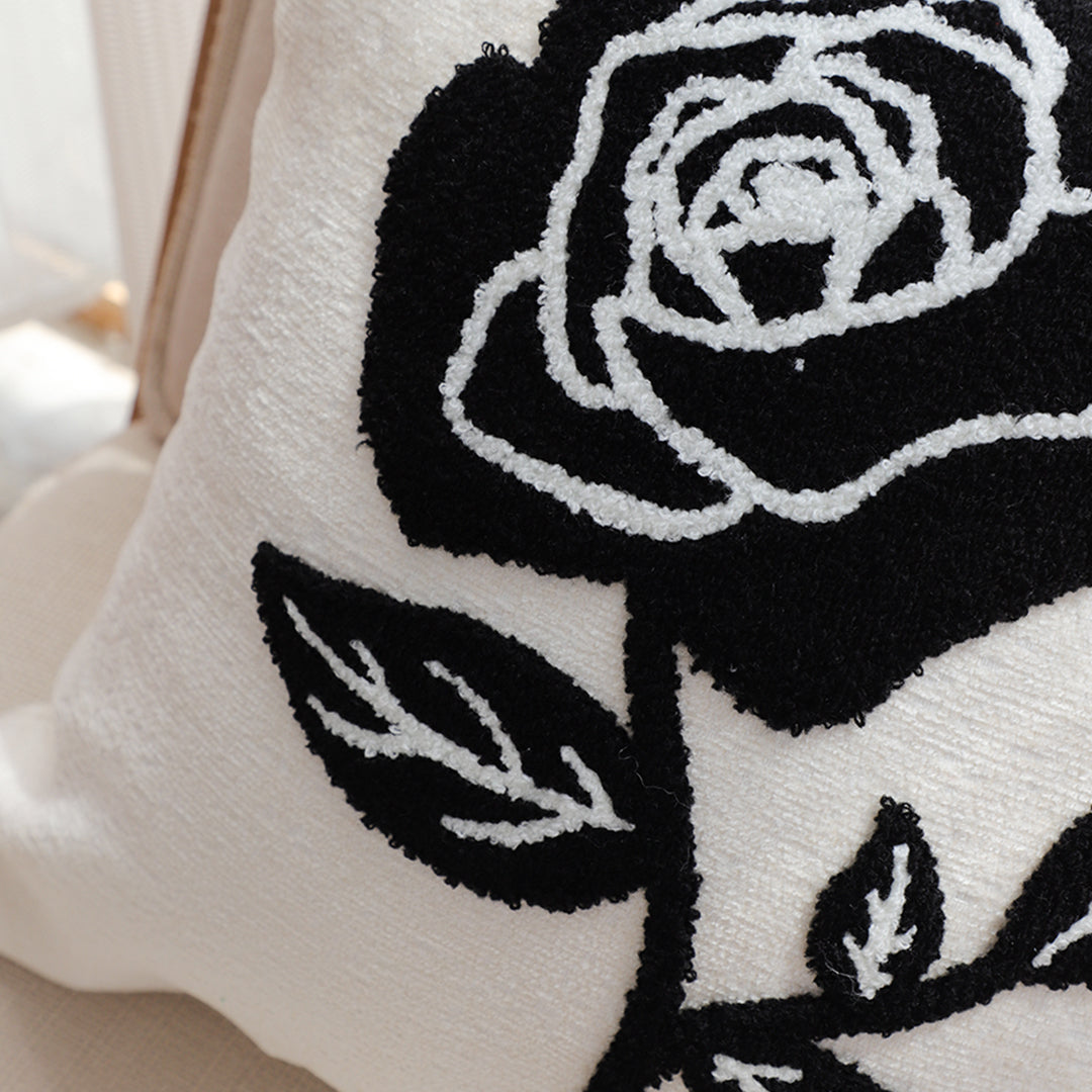 SOGA 45cm White Black Single Rose Embroidered Throw Pillow