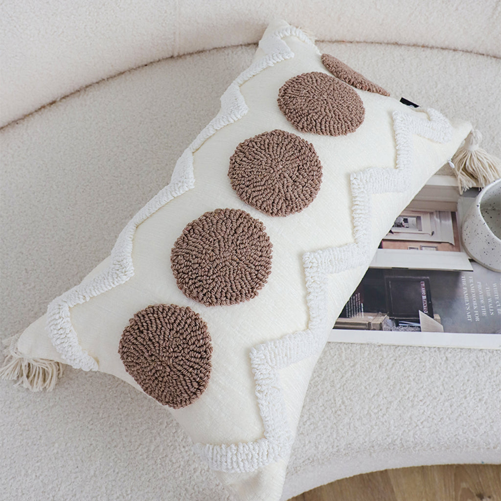 SOGA Boho Tufted Cushion 30x50cm Tassel White Brown Circle Decorative Throw Pillow