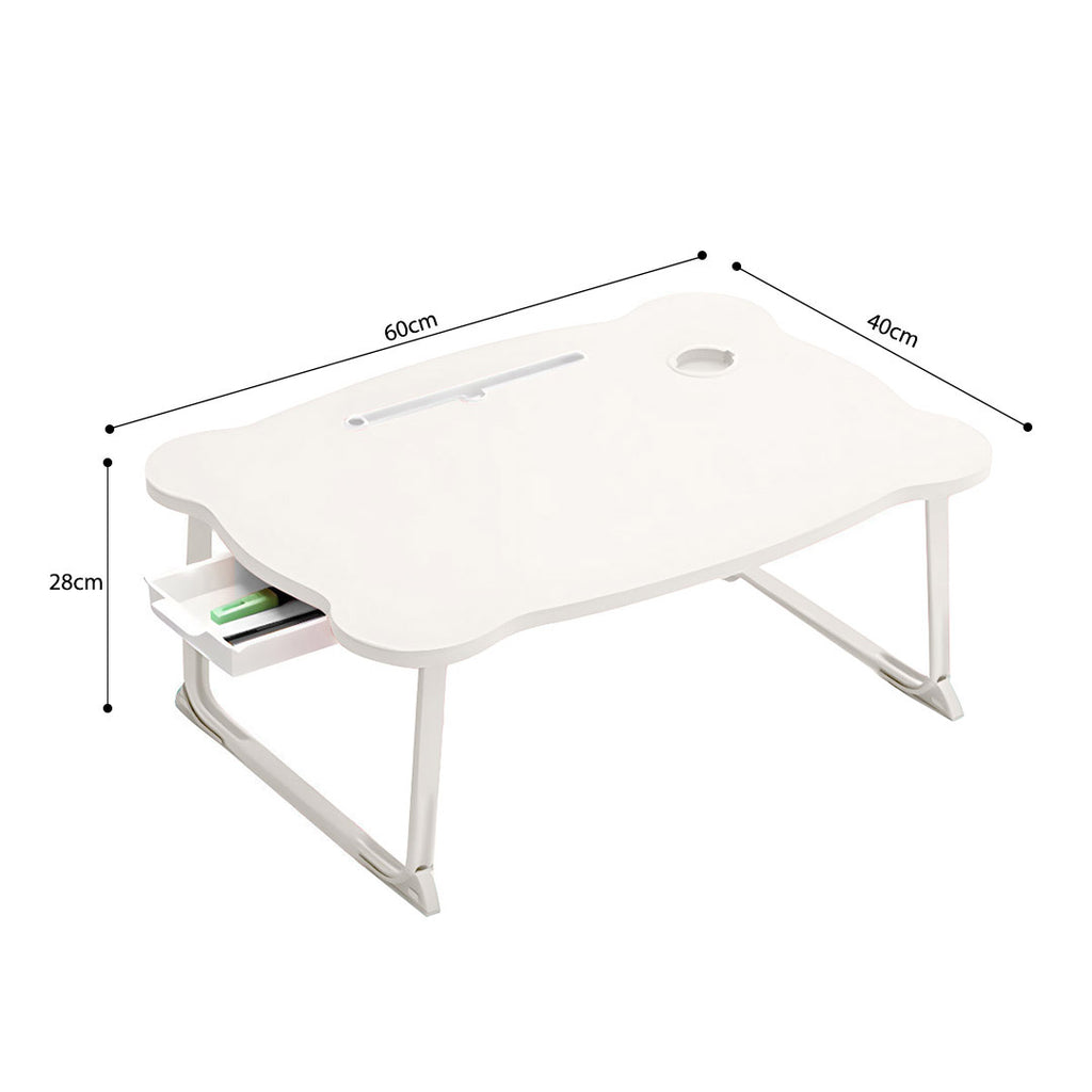 White Portable Bed Table With Mini Drawer and Cup-Holder