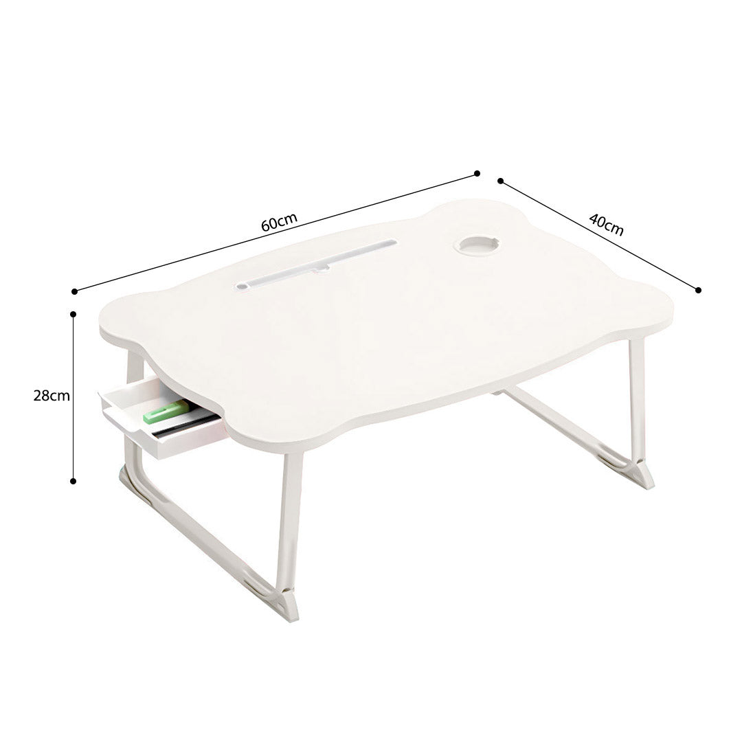 White Portable Bed Table With Mini Drawer and Cup-Holder