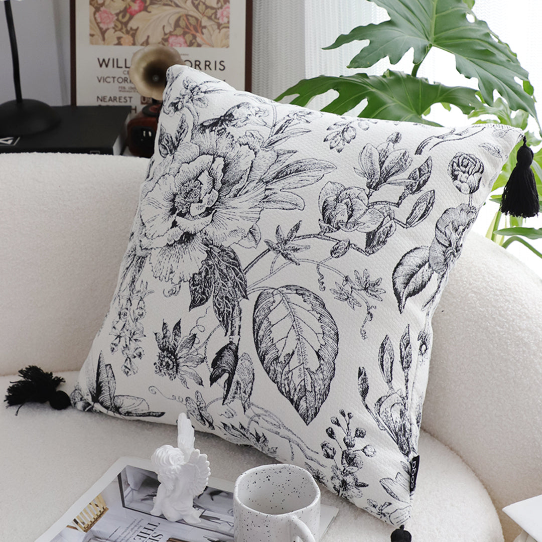 SOGA 50cm Throw Pillow  Black and White Elegant Floral Print with Tassel