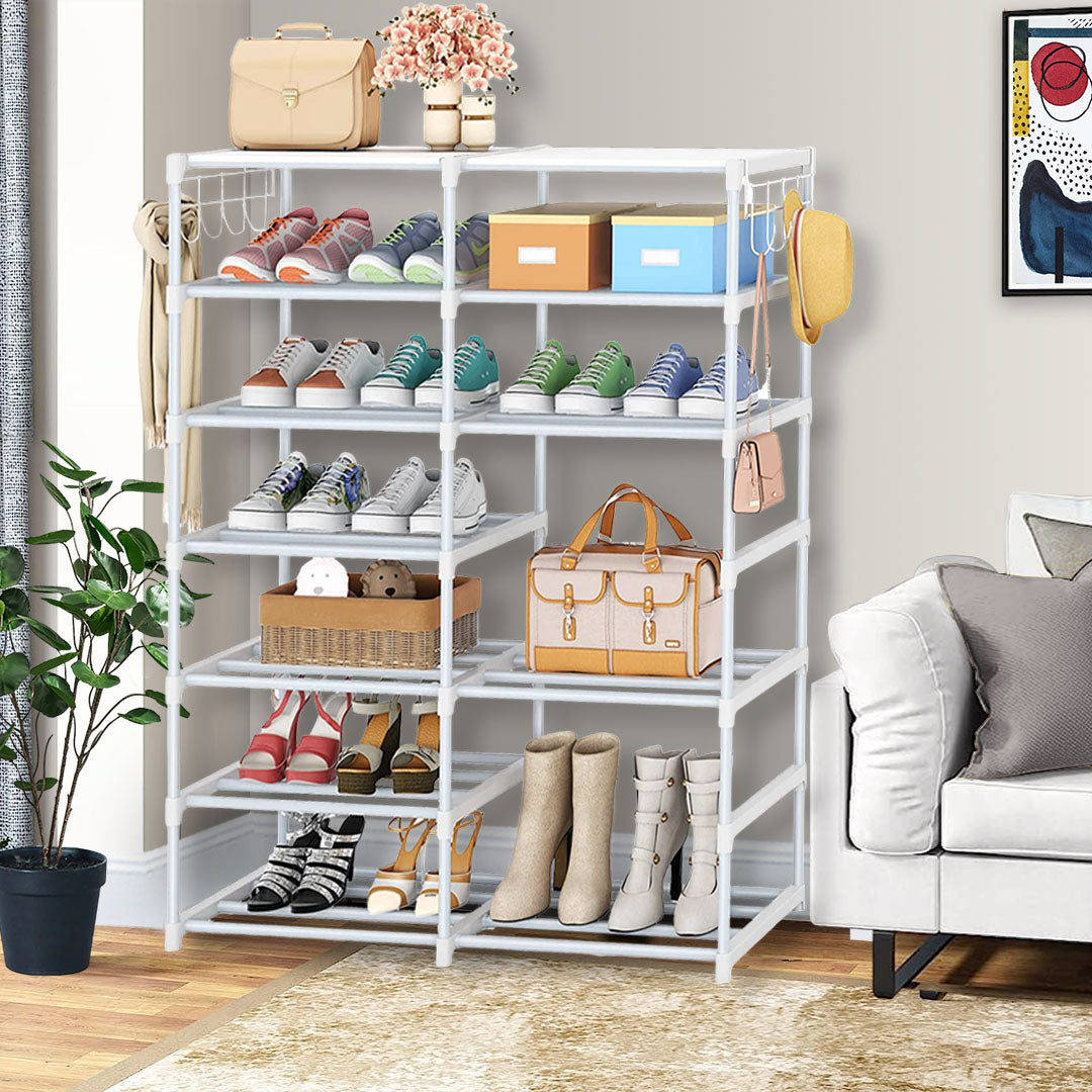 12-Shelf Tier Shoe Storage with Side Hooks White