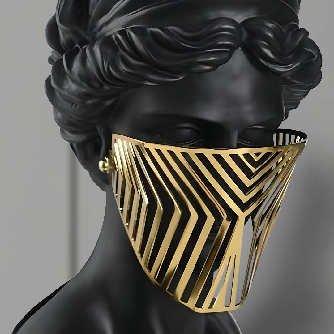 SOGA 45cm Black Resin Bust – Gold Striped Mask Home Sculpture