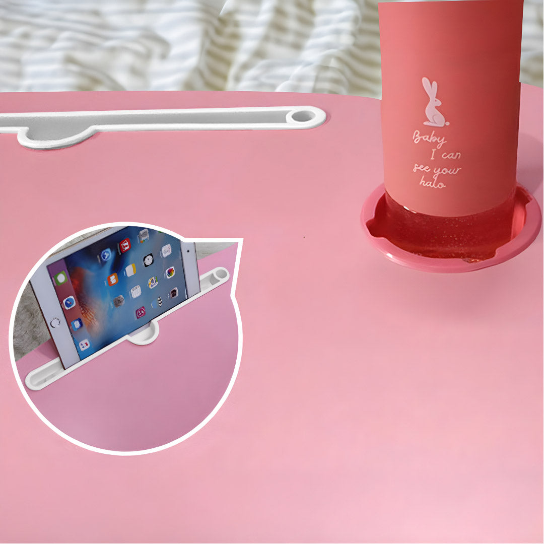Pink Portable Bed Table With Mini Drawer and Cup-Holder