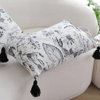 SOGA 35cm Throw Pillow  Black and White Floral Print Elegant with Tassel