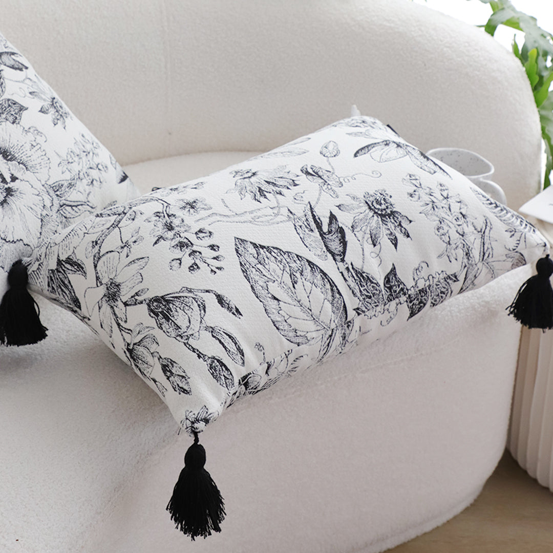 SOGA 35cm Throw Pillow  Black and White Floral Print Elegant with Tassel