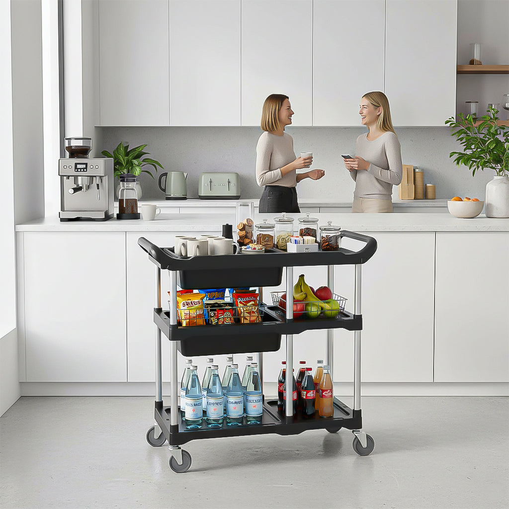 SOGA 2X Black 3-Tier Kitchen Utility Trolley Cart with 5 Buckets