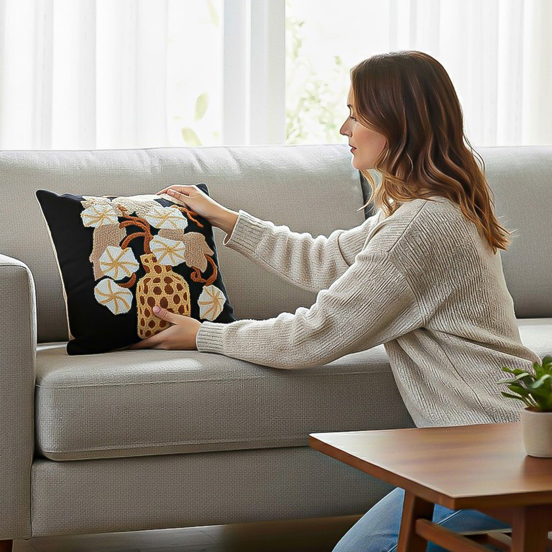 SOGA 45cm Black Gold Wicker Basket Floral Embroidered Throw Pillow