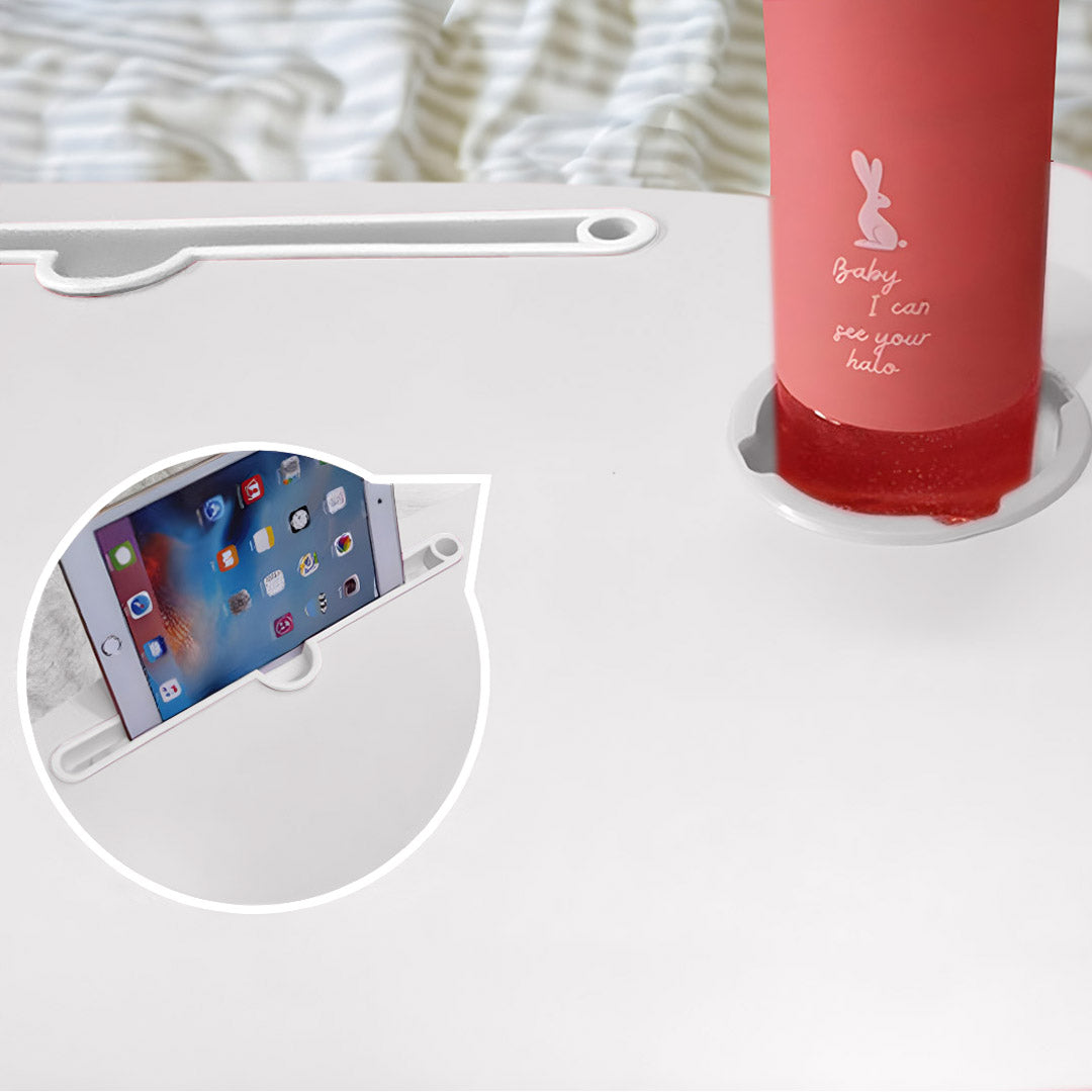 White Portable Bed Table With Mini Drawer and Cup-Holder