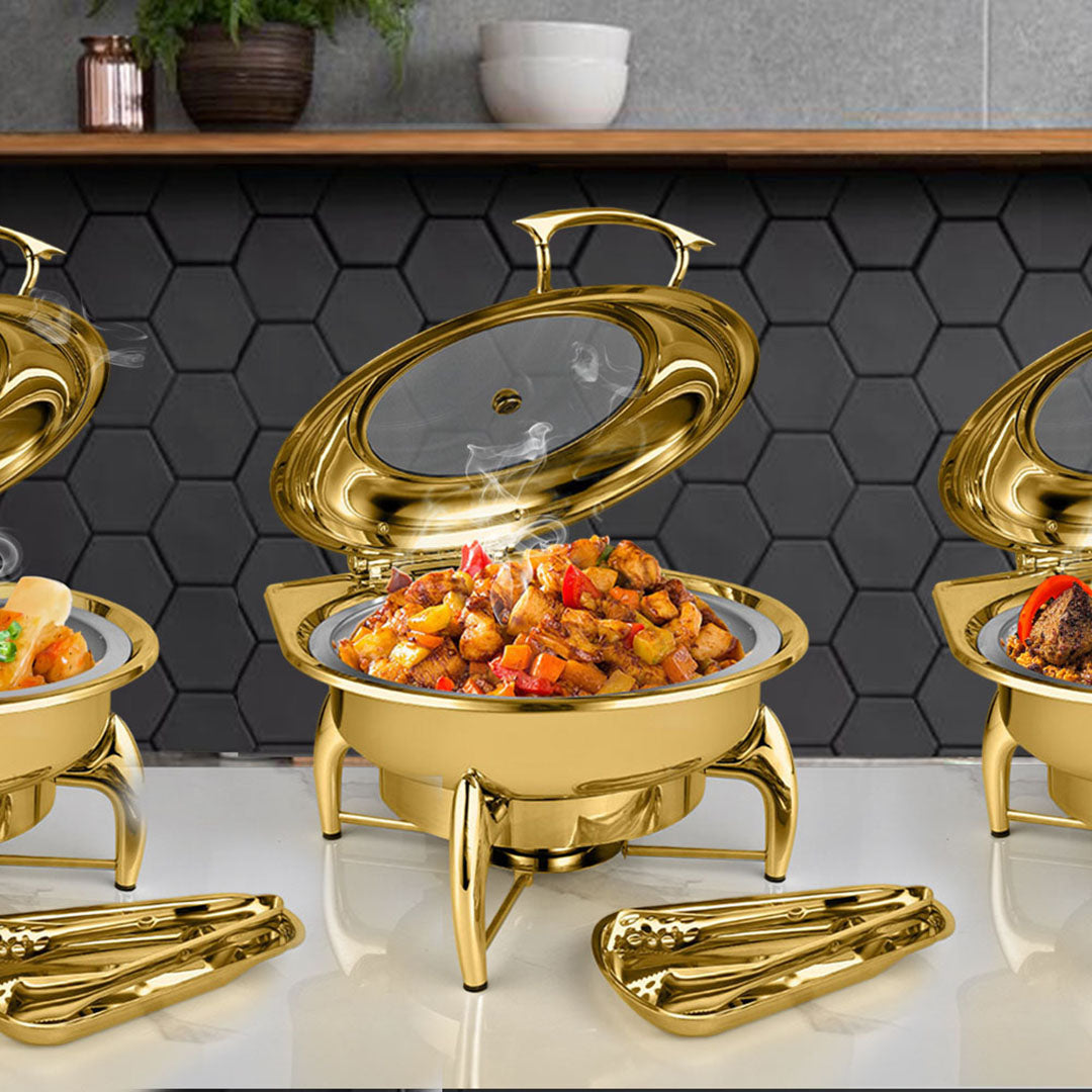 Gold Plated Round Chafing Dish with Top Lid