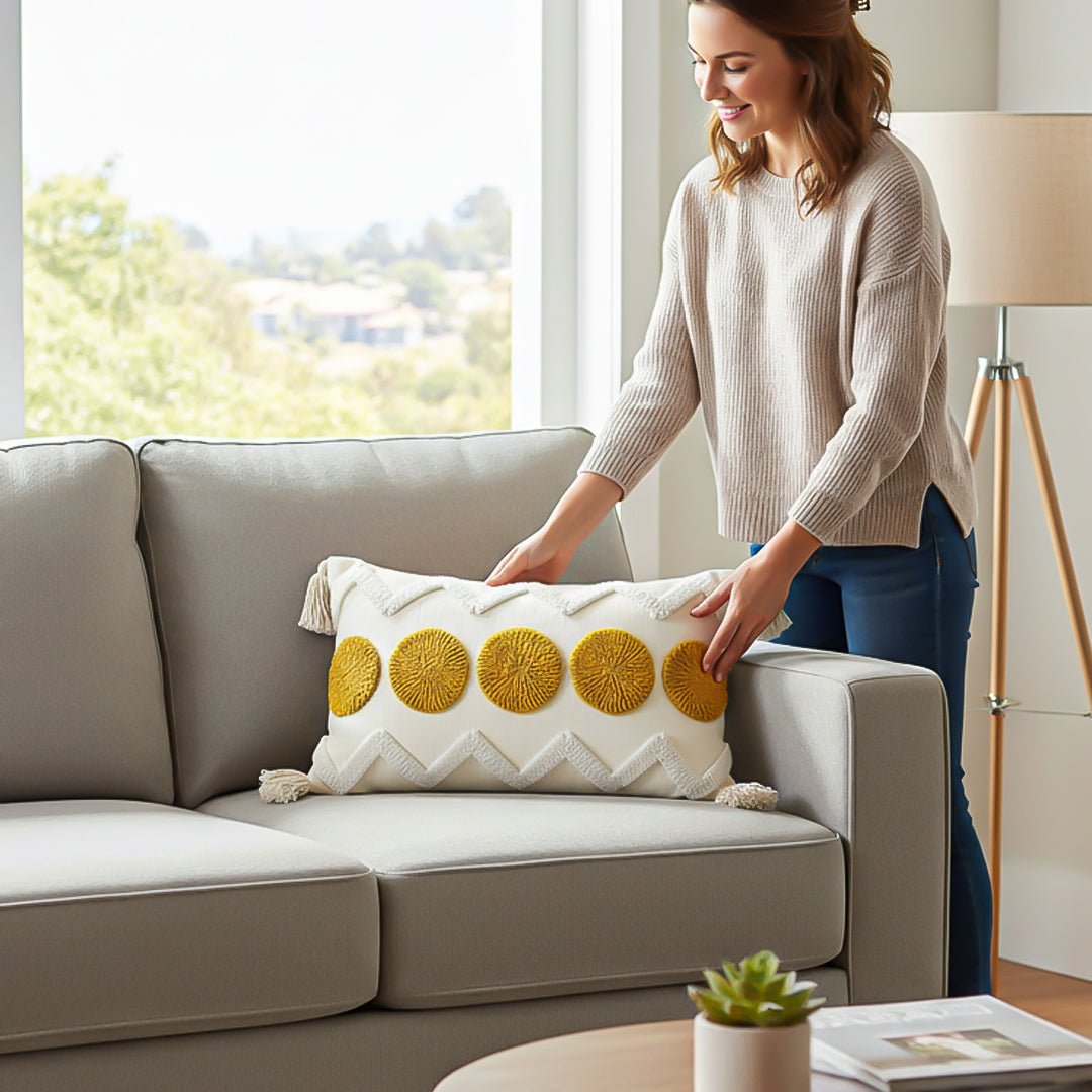 SOGA 30cm Cream Yellow Circle Pom Chevron Tassel Decorative Pillow