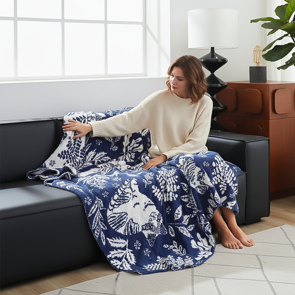 SOGA Deep Blue Cat Floral Print Throw Blanket 160x200cm Polyester