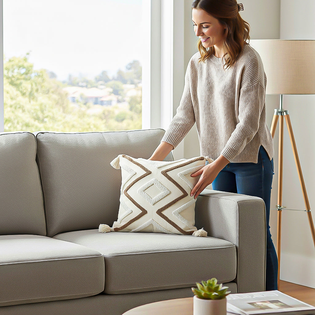 SOGA Boho Tufted Cushion 45cm Tassel White Brown Geometric Decorative Throw Pillow