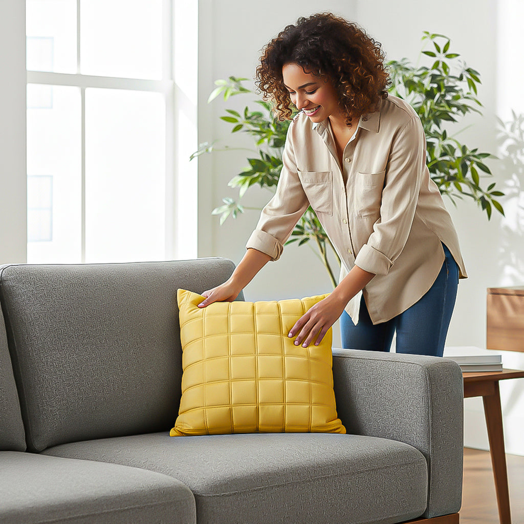 SOGA 50cm Yellow Quilted Grid Pattern Decorative Throw Pillow