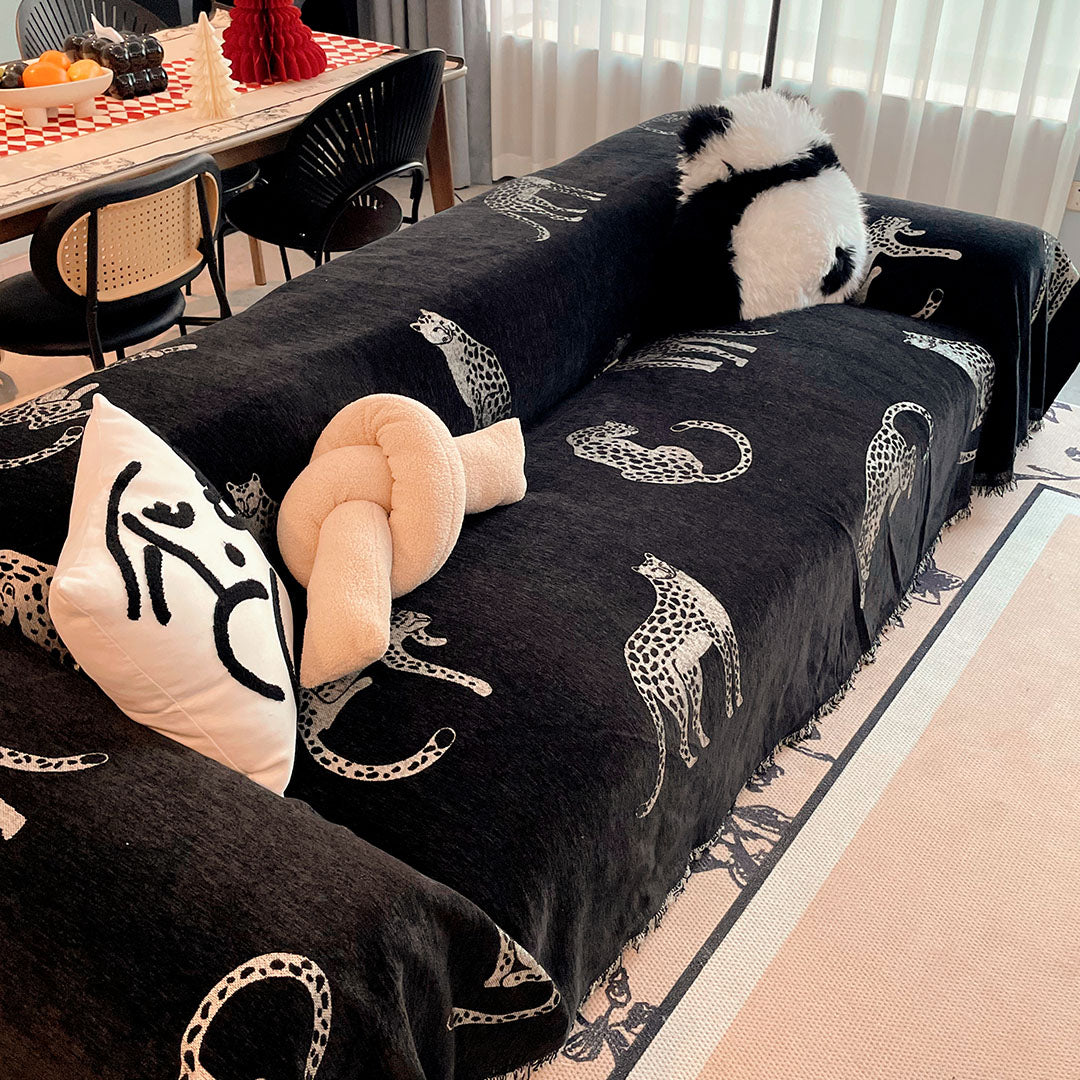 SOGA Four-seater Black Sofa Cover Leopard Print 180x420cm Polyester