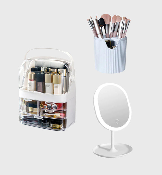 White 3 Tier Cosmetic Storage with Brush Lipstick Holder Organiser and LED Light Tabletop Mirror Set