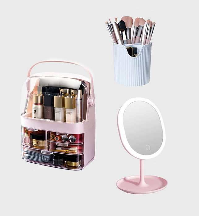 Pink 3 Tier Cosmetic Storage with Brush Lipstick Holder Organiser and LED Light Tabletop Mirror Set