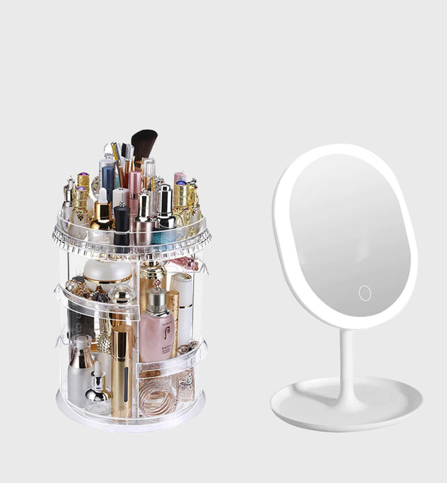 360 Degree Rotating Cosmetic Storage Organiser with White LED Light Tabletop Mirror Set