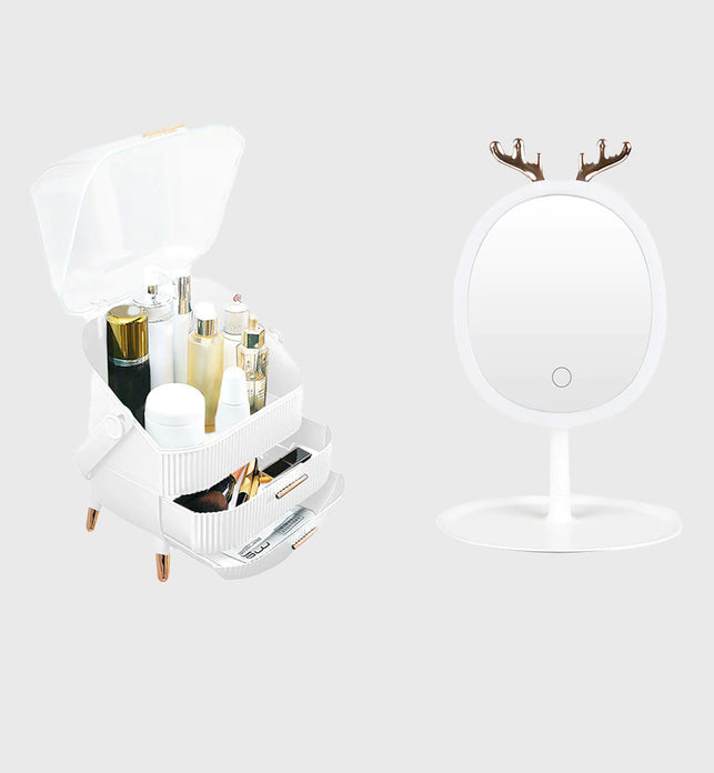 White Cosmetic Jewelry Storage Organiser with Antler LED Tabletop Mirror Set