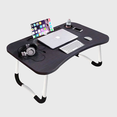 Black Foldable Study Bed Table Adjustable Portable Desk Stand With Notebook Holder and Cup Slot