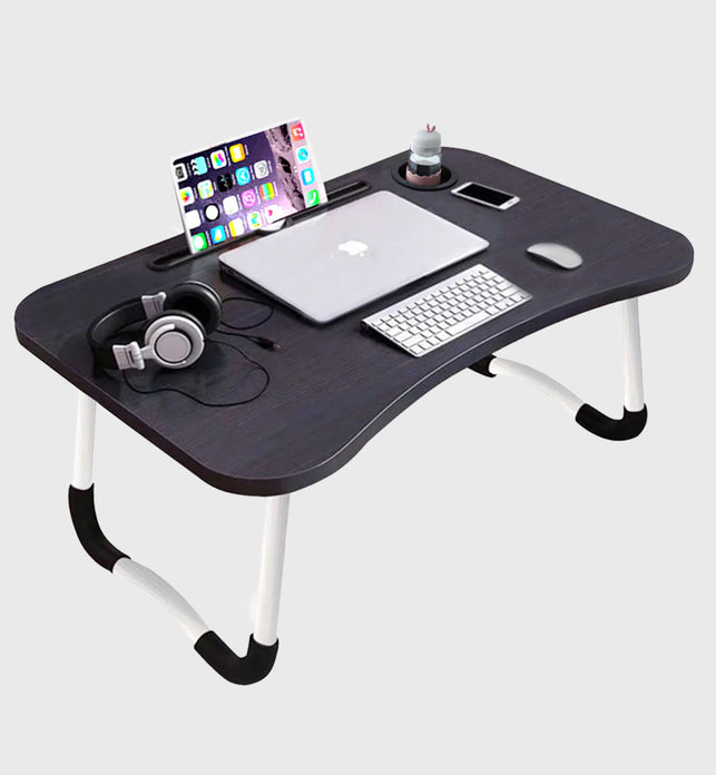 Black Foldable Study Bed Table Adjustable Portable Desk Stand With Notebook Holder and Cup Slot