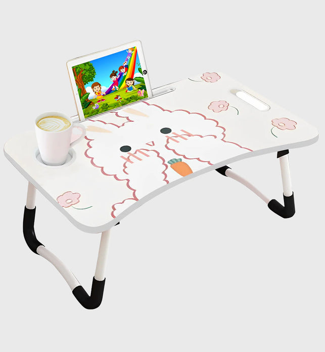 White Cute Rabbit Design Foldable Study Bed Table Adjustable Portable Desk Stand With Notebook Holder And Cup Slot