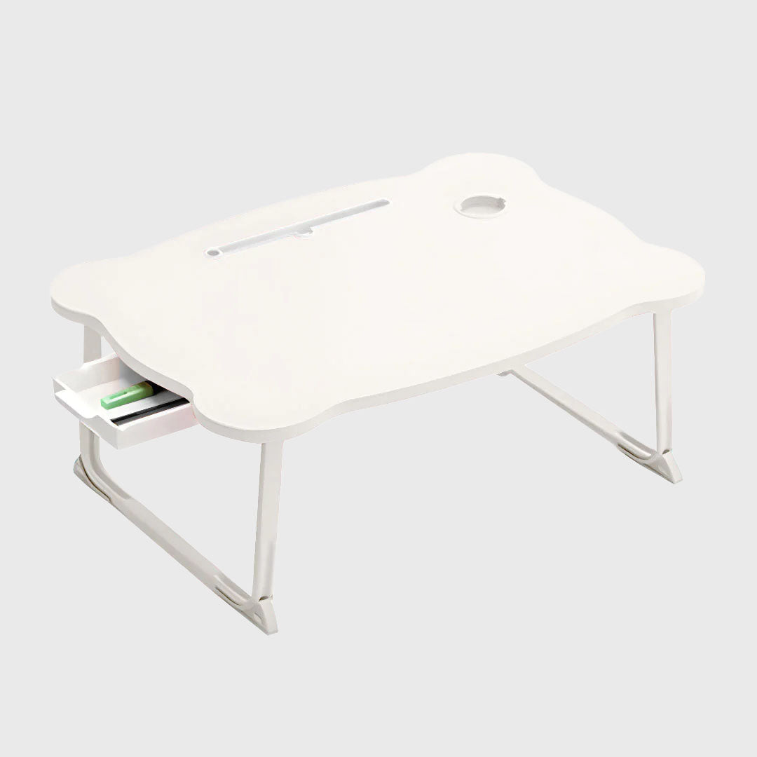 White Portable Bed Table With Mini Drawer and Cup-Holder