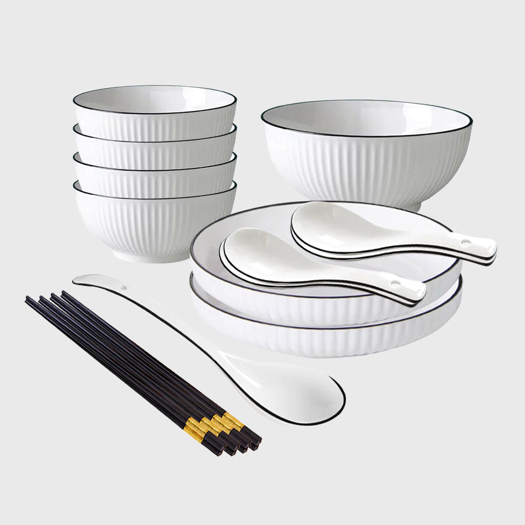 White Japanese Style Ceramic Dinnerware Set of 7