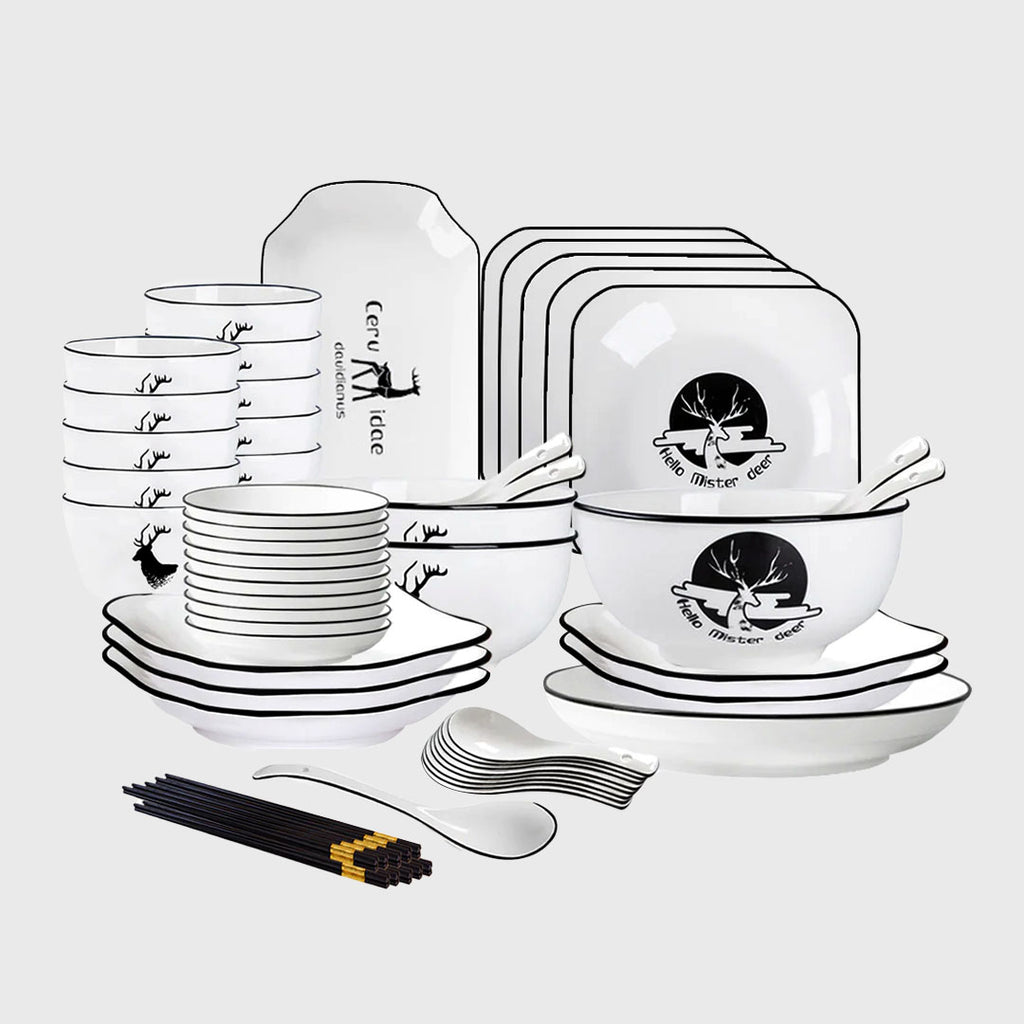 White Antler Printed Ceramic Dinnerware Set of 34