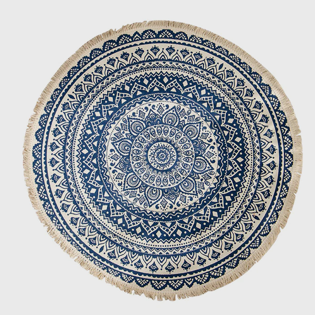 Dark Blue Carpet Soft Linen Bohemian Non-Slip Round Rug