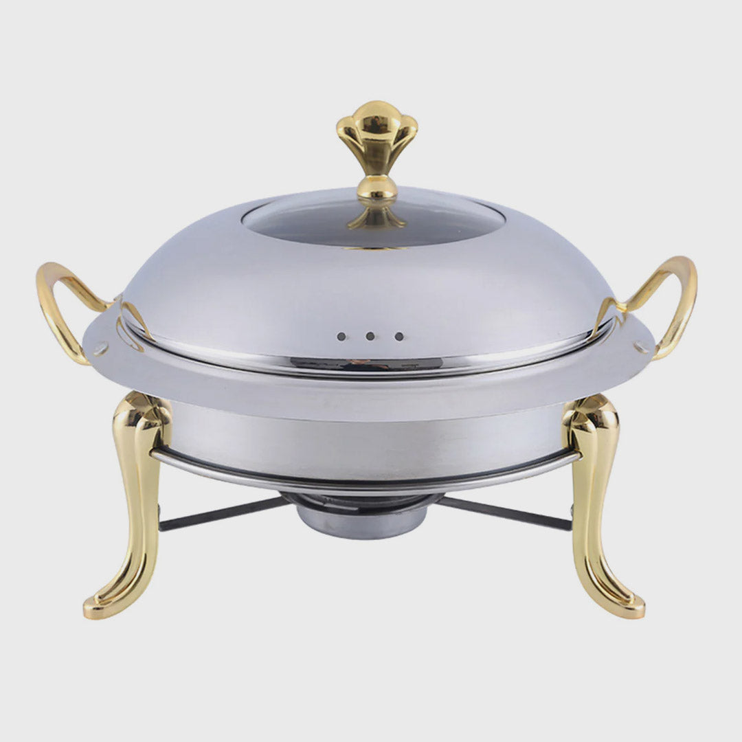 Stainless Steel Gold Accents Round Chafing Dish with Glass Top Lid