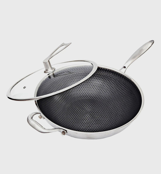 34cm Stainless Steel Frying Pan with Glass Lid and Helper Handle