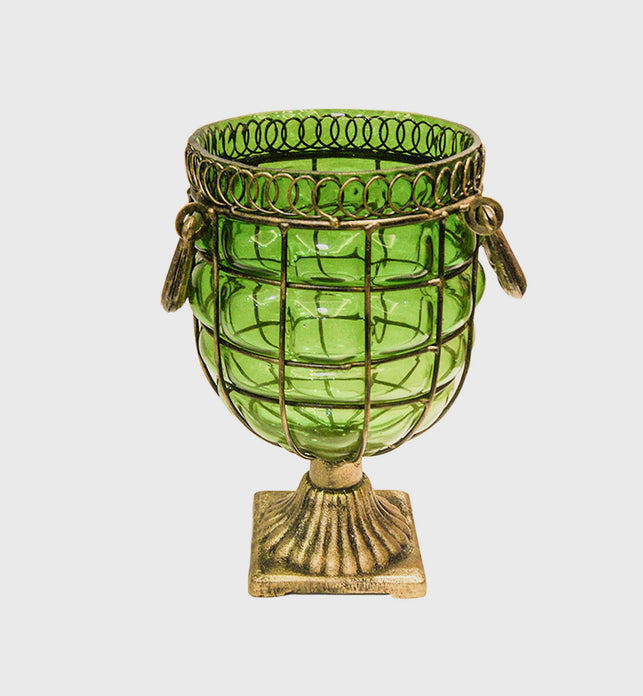 Green European GlassFlower Vase with Metal Handle