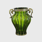 Green European Glass Flower Vase with Two Metal Handle
