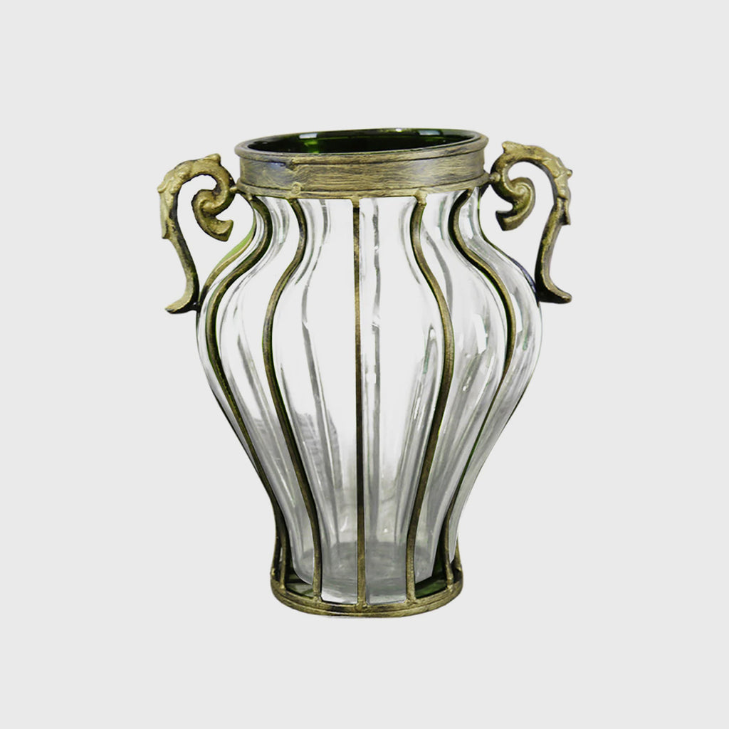 Clear European Glass Flower Vase with Two Metal Handle