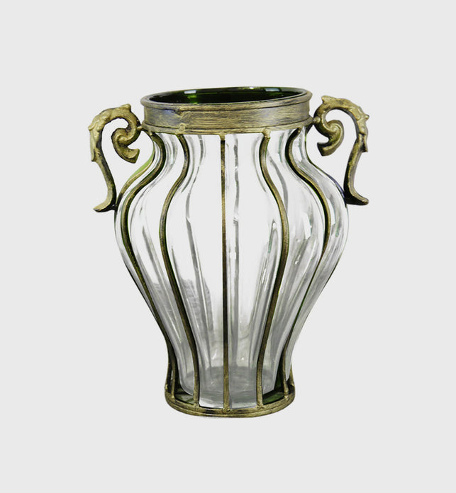 Clear European Glass Flower Vase with Two Metal Handle