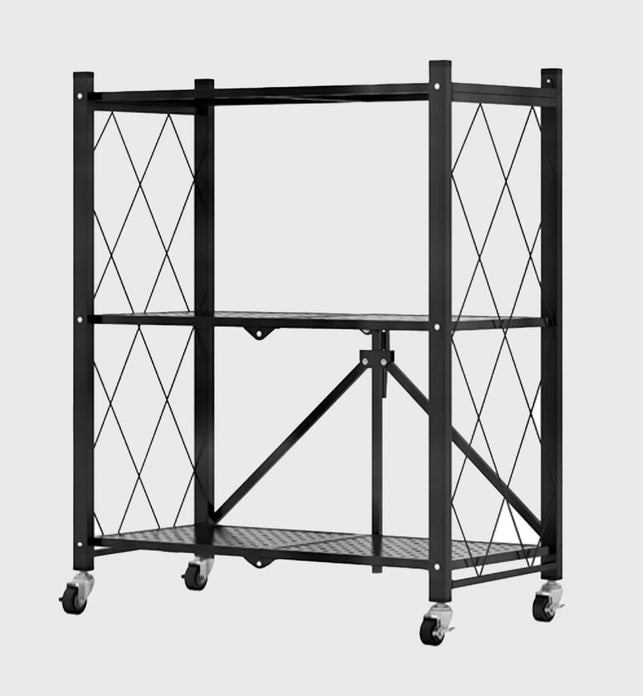 3 Tier Foldable Kitchen Shelves with Wheels Black